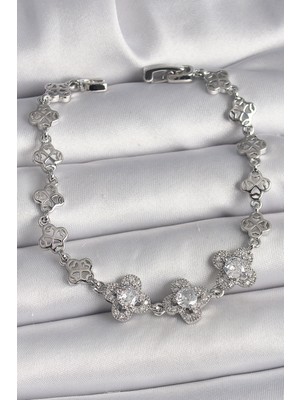 DS LLC Pirinç Gümüş Renk Zirkon Taşlı Yonca Model Kadın Bileklik - TJ-BB6813 Iegtgrs-34