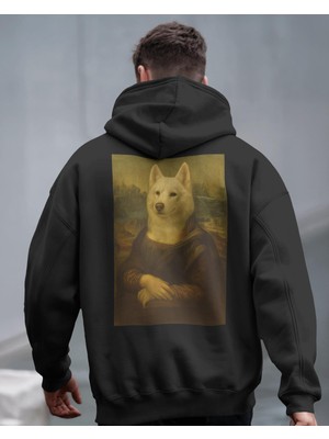Muhtar Store Mona Lisa Köpek Tasarımlı Siyah Unisex Kapüşonlu Sweatshirt – Sanatsal & Retro Hoodie