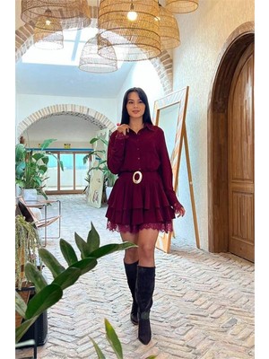 Neşeli Butik Kadın Bordo Gömlek Yaka Dantel Detaylı Kat Kat Mini Elbise NBMY3858