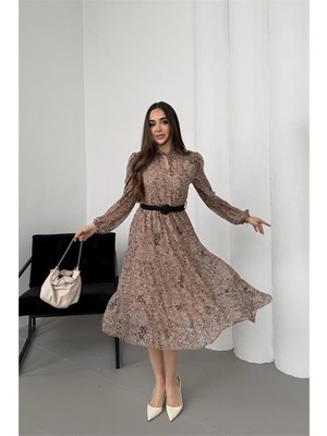 Neşeli Butik Kadın Bej Dik Yaka Bağlama Detaylı Şifon Kumaş Uzun Kol Midi Elbise NBELB01
