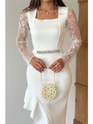 Neşeli Butik Kadın Dantel Detaylı Taş Kemerli Asimetrik Abiye Elbise NBNC2603