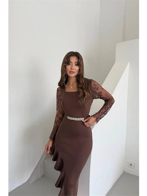 Neşeli Butik Kadın Dantel Detaylı Taş Kemerli Asimetrik Abiye Elbise NBNC2603