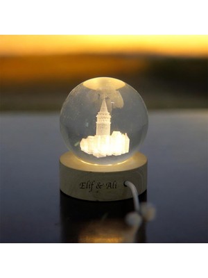 PremiumPort Kişiye Özel Işıklı Ahşap Galata Kulesi Kristal Cam Küre 6cm