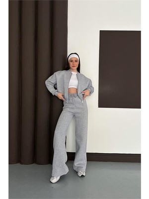 Neşeli Butik Kadın Gri Melanj Fermuarlı 3 Iplik Eşofman Takımı NBESF01