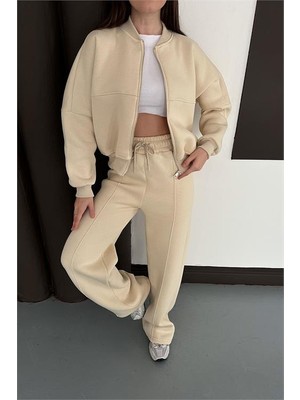 Neşeli Butik Kadın Bej Fermuarlı 3 Iplik Eşofman Takımı NBESF01