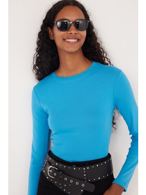 Tudors Kadın Slim Fit Pamuklu Uzun Kol Düz Bisiklet Yaka Mavi Bluz