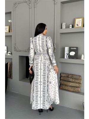 Neşeli Butik Kadın Beyaz Tam Boy Düğmeli Atlas Kumaş Kemerli Tasarım Elbise NBMS25103