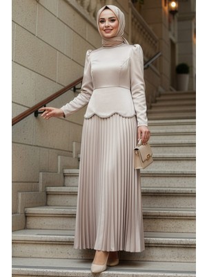 Saten Bej Tesettür Abiye Elbise 5462BEJ