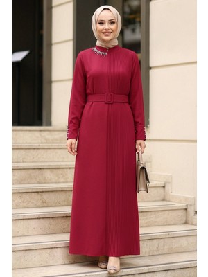 Neva Style Tokalı Kemerli Bordo Tesettür Elbise 65879BR