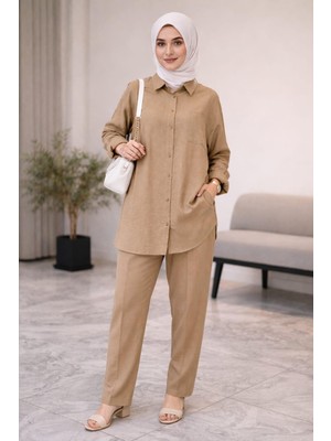 Moda Kadın Keten Ikili Takım – Salaş Gömlek Yaka Pantolonlu Yazlık Takım, Rahat Kalıp, Doğal Kumaş, Bej Sütlü Kahve Ton