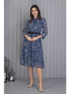 Neşeli Butik Kadın Indigo Kemerli Omuzları Gipeli Desenli Şifon Elbise APCX04