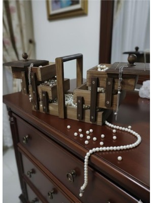 abnturk Ahşap Akordiyon 5 Bölmeli Kapaklı Dekoratif Dikiş Kutusu Takı Makyaj Çekmecesi Organizer