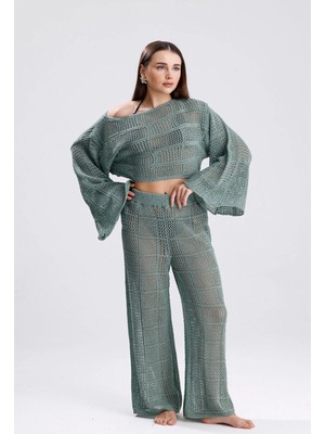 Yuga Knitting Kadın Triko Örgü Basic Pantolon-Üst Takım Kombin Plaj Elbisesi