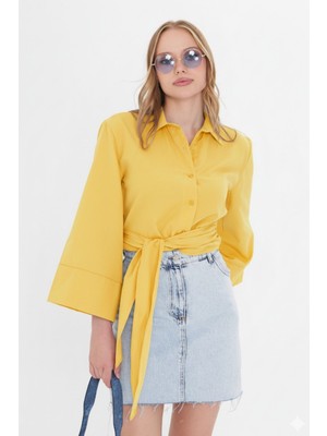 Thiff Kadın Lacivert Geniş Manşetli Kol Detaylı Önü Bağlamalı Poplin Gömlek