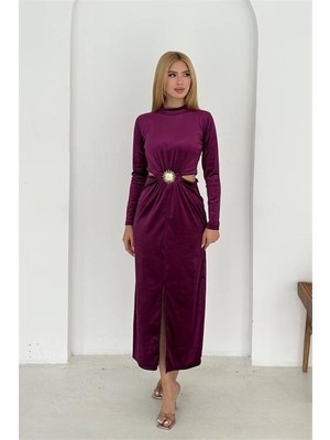 Neşeli Butik Kadın Bel Detaylı Gol Tokalı Tam Boy Kadife Elbise NBK4392