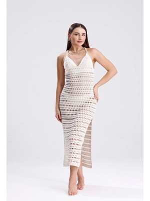 Yuga Knitting Ajurlu Desen Boyundan Bağlamalı Ipli Ince Yazlık Triko Plaj Elbisesi
