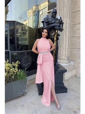 Neşeli Butik Kadın Premium Gül Detaylı Bel Taş Kemerli Tasarım Abiye Elbise NBNC2527