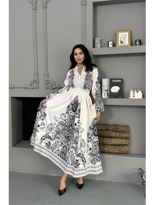 Neşeli Butik Kadın Siyah Güpür Detaylı Atlas Kumaş Desenli Ithal Elbise NBMS25109
