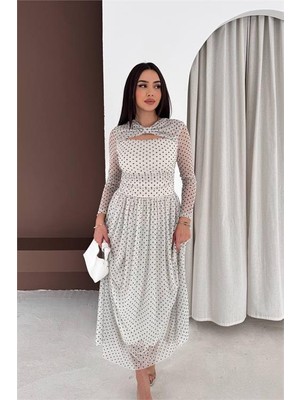 Neşeli Butik Kadın Beyaz Puantiyeli Yaka Detaylı Astarlı Tam Boy Şifon Elbise
