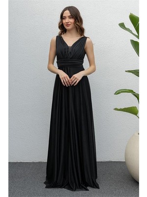 Neşeli Butik Kadın Siyah Drapeli Tül Abiye Elbise NB2030