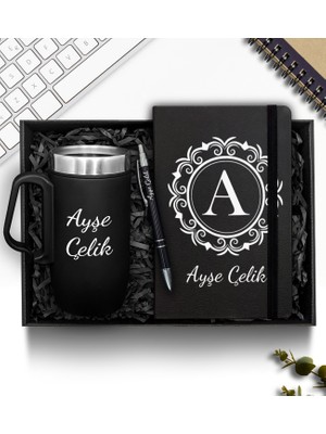 As Gift Kişiye Özel Çelik Bardak Termos & Defter & Plastik Kalem Hediye Seti