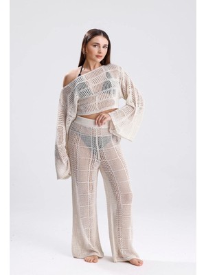 Yuga Knitting Kadın Triko Örgü Basic Pantolon-Üst Takım Kombin Plaj Elbisesi