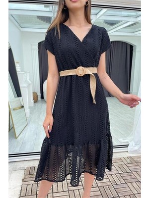 Neşeli Butik Kadın Siyah Hasır Kemerli Dantel Elbise DK0001