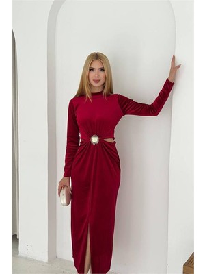 Neşeli Butik Kadın Bel Detaylı Gol Tokalı Tam Boy Kadife Elbise NBK4392