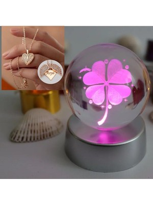 PremiumPort Özel Isimli, 4 Yapraklı Yonca, 3D Cam Işıklı Küre Hediye