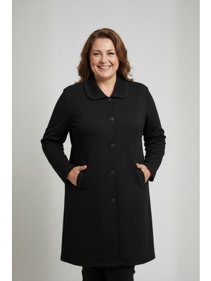 Laden Triko Mevsimlik Çelik Örgü Büyük Beden Nakışlı Taşlı Kap Uzun Hırka Siyah Anne Hırka