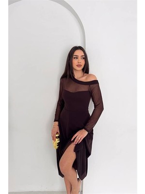 Neşeli Butik Kadın Kahverengi Transparan Detaylı Tek Omuz Uzun Kollu Midi Boy Elbise