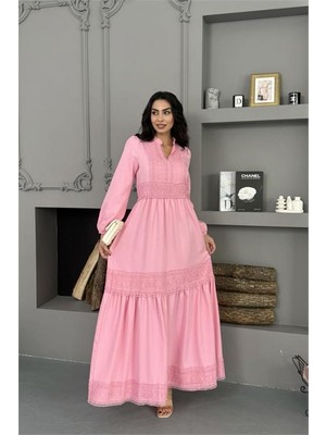 Neşeli Butik Kadın Pembe Atlas Kumaş Dantel Detaylı Elbise NBMS2517