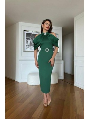 Neşeli Butik Kadın Omuz Detaylı Toka Kemerli Midi Boy Elbise NBNC110095