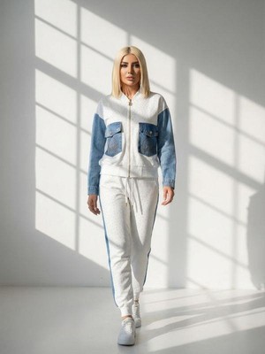 Kokoşum Butik 9231 Jean Detaylı Takım Beyaz