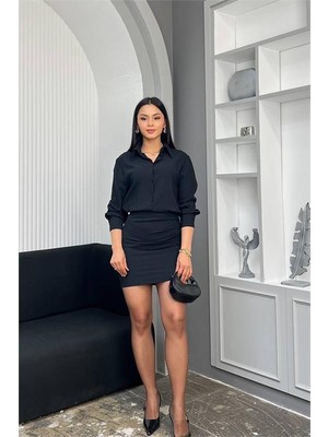 Neşeli Butik Kadın Siyah Gömlek Yaka Eteği Drapeli Mini Boy Düğme Detaylı Elbise NBMY3869