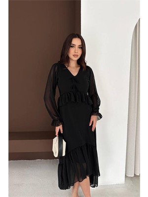 Neşeli Butik Kadın Siyah Fiyonk Detaylı V Yaka Volanlı Midi Boy Şifon Elbise