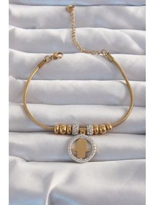 DS LLC 316L Çelik Gold Renk Zirkon Taş Aksesuarlı Fatma Ana Eli Bileklik - TJ-BB6233 Iegtgrs-34