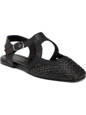 Tergan Siyah Deri - Tekstil Kadın Sandalet - K25Y1SN68073-A23