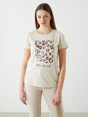 Lc Waikiki Yeni Sezon Bisiklet Yaka Pul Payetli Kadın Tişört