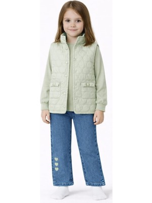 İrem Çocuk Giyim Kız Çocuk Kapitone Yelekli Müslin Kumaş Gömlekli Paçası Kalp Nakışlı Üçlü Bayramlık Takım