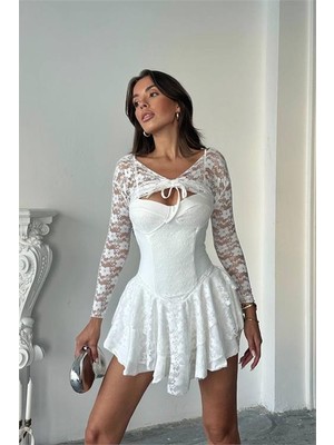 Neşeli Butik Kadın Bolero Detaylı Güpür Prenses Elbise NBDF107