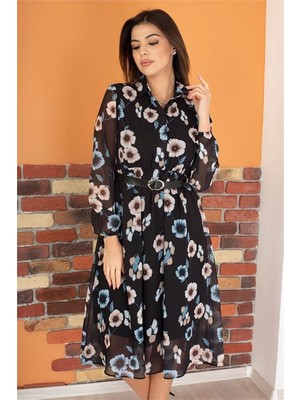 Neşeli Butik Kadın Siyah Kemerli Gömlek Yaka Şifon Elbise RY0031