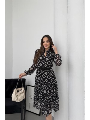 Neşeli Butik Kadın Dik Yaka Bağlama Detaylı Geometrik Desenli Midi Boy Astarlı Şifon Elbise NBELB06