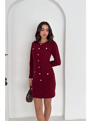 Neşeli Butik Kadın Gold Düğme Detaylı Uzun Kollu Mini Elbise NBK4388