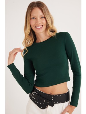 Tudors Kadın Slim Fit Pamuklu Uzun Kol Düz Bisiklet Yaka Yeşil Bluz