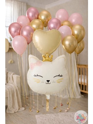 Joyane Kedi Kafa Folyo Balon Seti Krem – Gold Metalik & Makaron Pembe Balonlar