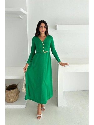Neşeli Butik Kadın Yeşil V Yaka Düğme Detaylı Bel Dekolteli Midi Boy Elbise NBK4368