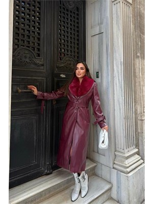 Neşeli Butik Kadın Yaka Çıkarılabilir Kürk Detaylı Düğmeli Deri Trençkot NBSTR1001