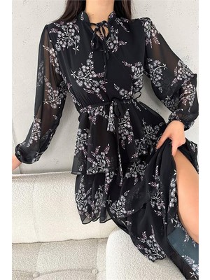 Neşeli Butik Kadın Astarlı Eteği Kat Kat Desenli Şifon Elbise NBKKLF2036