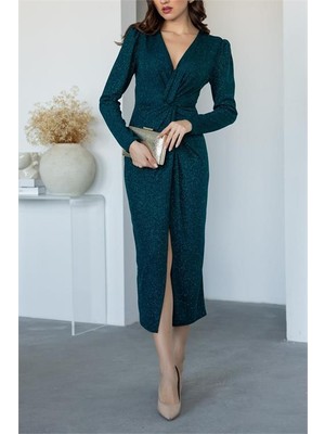 Neşeli Butik Kadın Büzgü Detaylı Simli Gece Elbisesi NBMY3633